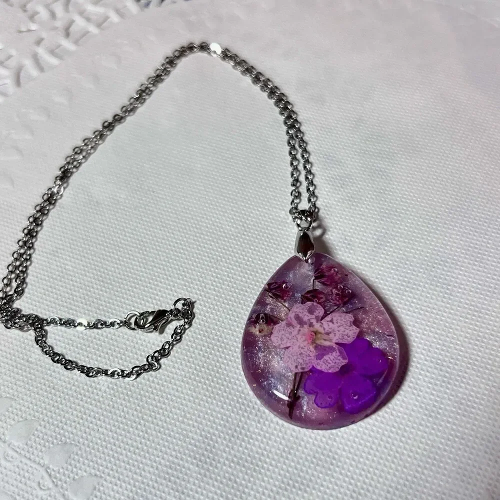Colorful Pressed Flower Lavender Teardrop Pendant Necklace Resin 18